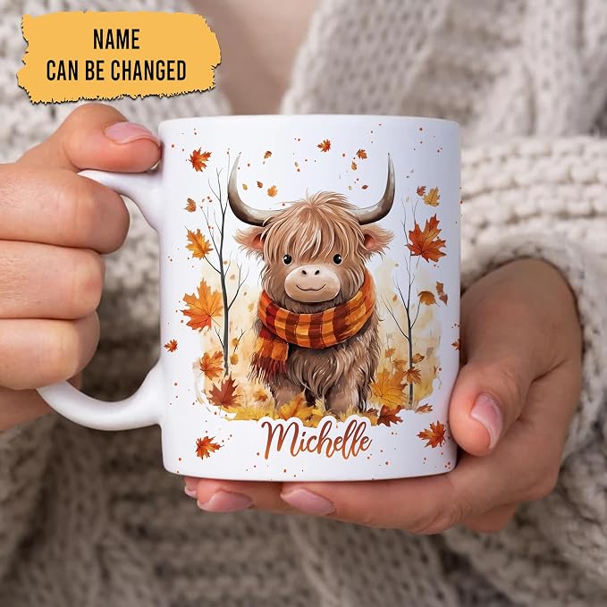 Hyturtle Personalized Fall Highland Cow Maple Leaves Coffee Mug Décor | Birthday Gifts For Cow Lovers - Fall Autumn Gifts For Farmhouse Thanksgiving - Custom Name 11oz White Ceramic Coffee Tea Mug - Image 2
