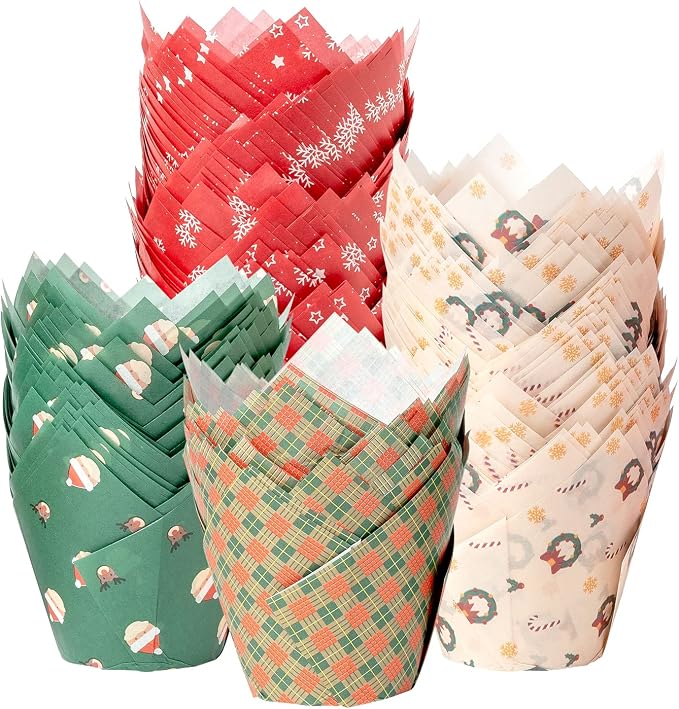Katbite Christmas Tulip Cupcake Liners 200PCS, Muffin Baking Holders | Greaseproof Baking Cups for Christmas Party, Holiday, Wedding, Birthday, Food Grade Paper Cupcake Wrapper for Muffin by katbite