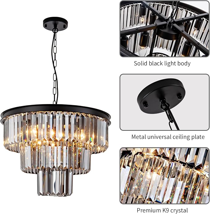 8 Light Black Crystal Chandelier 20'' Luxury Smoke Modern Dining Room Light Fixture 3-Tier Round Hanging Pendant Ceiling Lighting for Entryway Foyer Living Room Adjustable Height E12 - Image 7