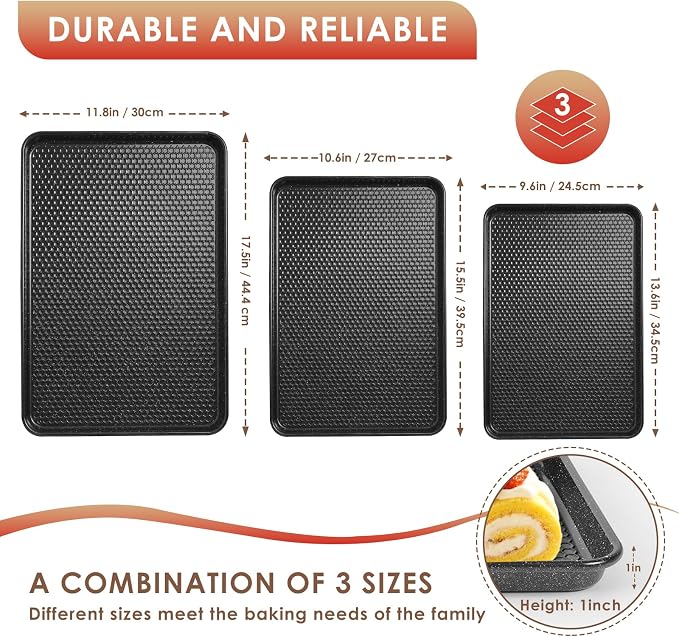 Baking Sheet Pan Set of 3, Nonstick Carbon Steel Cookie Sheets with Texture | Commercial Half/Quarter/Jelly Roll Pans Replacement Toaster Oven Tray, Heavy Duty & Easy Clean - Image 2