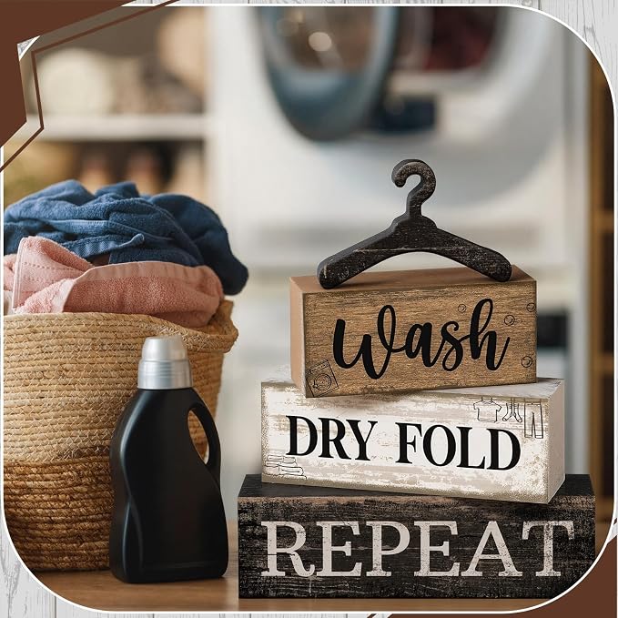 Moucuny 4 Pcs Farmhouse Laundry Room Decor Stacked Blocks, Wash Dry Fold Repeat Wooden Sign Set with Vintage Hanger - Rustic Home Shelf Decor for Laundry Area Housewarming Gift - Image 6