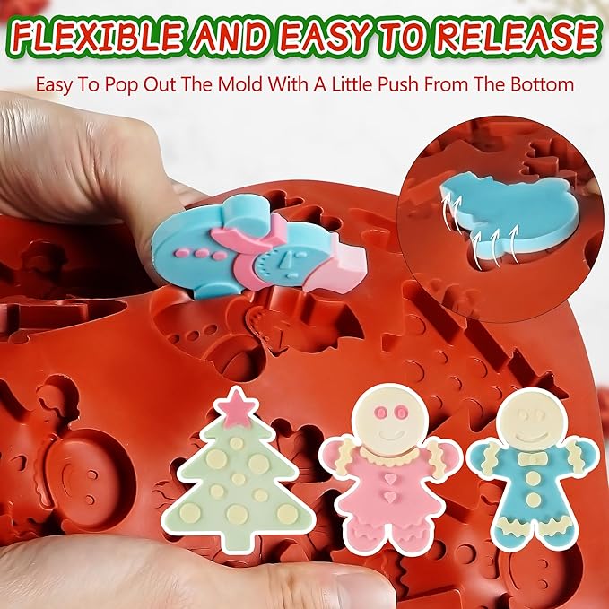 2Pcs Silicone Christmas Cookie Mold for Baking, Christmas Chocolate Cookie Molds Snowflake Snowman Christmas Hat Christmas Trees Gingerbread Man Shape Mold for Candies, Cookie, Wax Melts