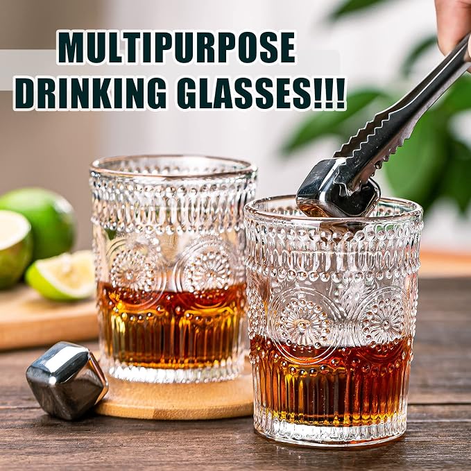 Vintage Drinking Glasses Set of 12, Textured Clear Striped Glass Cups-6 Highball Glasses 13oz & 6 Rocks Glasses 10oz, Ribbed Glassware Set, Mojito Cups, Cocktail Glass, Iced Coffee Cup - Image 6