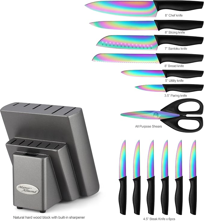 Marco Almond Knife Set w Block 14PC Rainbow Kitchen Knives Set | Stainless Steel,Razor Sharp,Anti-Rust,Restaurant Grade,Ergonomic Black Handle,Full Tang,Restaurant Grade,Gift Box - Image 2