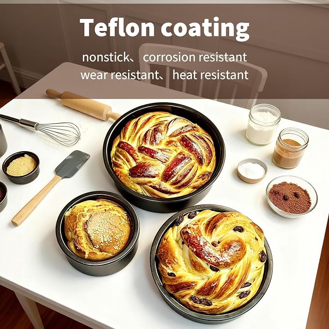 3-Piece Round Cake Pans Set (4", 6", 8"), Heavy-Duty Carbon Steel Baking Pan Set for Layer Cakes and Deep Dish Pizzas, Non-Stick Professional Tiered Cake Molds, Straight Side & Dishwasher Safe, Grey - Image 8