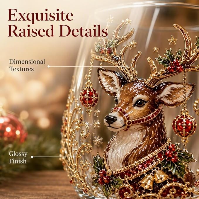 Christmas 3D Raised Glass Cup, Stemless Santa Wine Glass, Luxury Holiday Glassware for Coffee Tea Juice Milk Drinks - Image 3