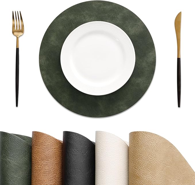 MOSAYT 13 Inch Round Vinyl Placemats Set of 6 - Faux Leather 100% Waterproof Oil-Proof Wipeable PU Place Mats, Heat Resistant Reversible Table Mats for Kitchen, Dining, Outdoor, Olive Green by MOSAYT