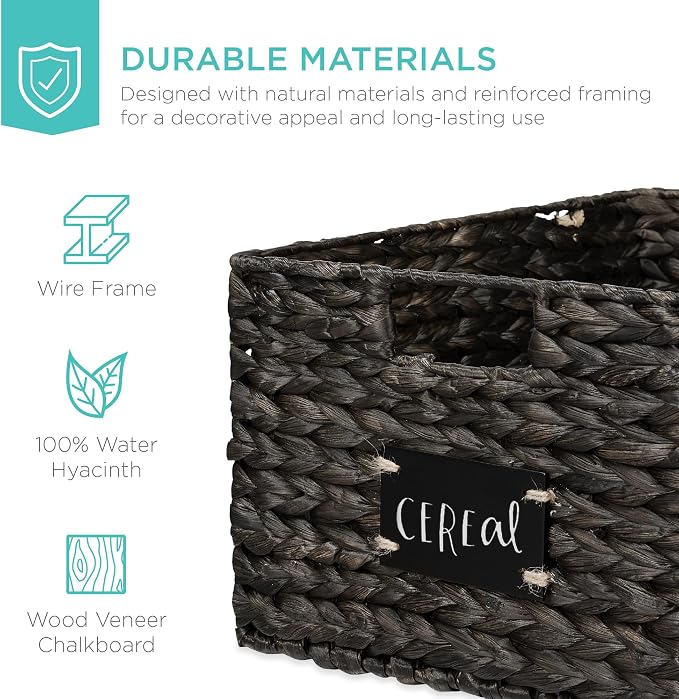 Best Choice Products Pantry Baskets Set of 2 16x12in Water Hyacinth Storage Baskets, Woven Wicker Kitchen Organizers with handles w/Chalkboard Label Chalk Marker - Black - Image 5