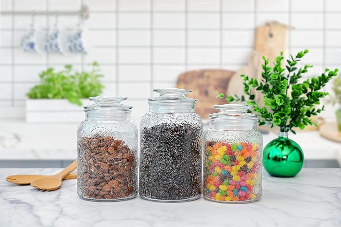 Le'raze Food Storage Containers with Airtight Lids - Retro Design - Pantry Organization, Glass Canisters Storage for Cookies, Tea, Sugar, Candy Jars, Sugar Packet, Set of 3 - Image 5