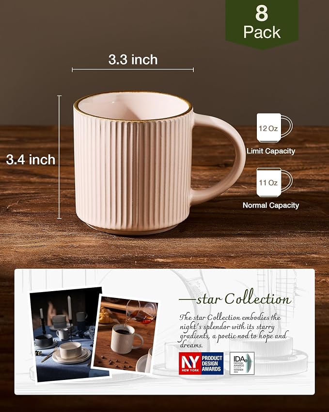 famiware Star Coffee Mug Set for 8, Handcrafted 12 oz Ceramic Stoneware Mugs Cup Set, Chip-Resistant & Stackable, Dishwasher/Microwave Safe, Light Pink - Image 4
