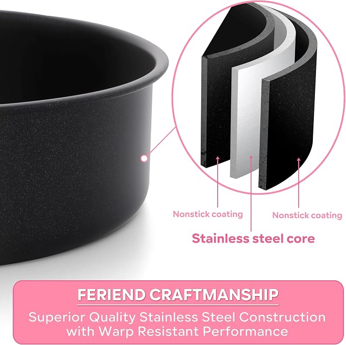Herogo 8 Inch Cake Pan Set of 2, Stainless Steel Black Nonstick 3'' Deep Round Baking Pan, for Birthday Wedding Layer Cake Bakeware, Non Toxic, Oven & Dishwasher Safe - Image 3