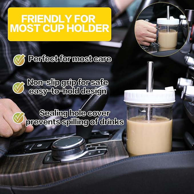 4Pack 24oz Glass Tumbler Cup with Bamboo Handle Lids and Straws, Mason Jars with Wide Mouth Iced Coffee Cup Reusable Drinking Glasses Travel Mug for Smoothie Beer Juice Tea