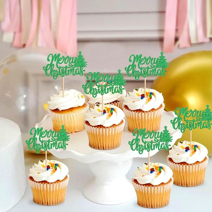 24 Pack Christmas Cupcake Toppers - Merry Christmas & Holiday Cupcake Picks - Boy Girl Baby Shower Birthday Party Cake Decorations - Green - Image 4