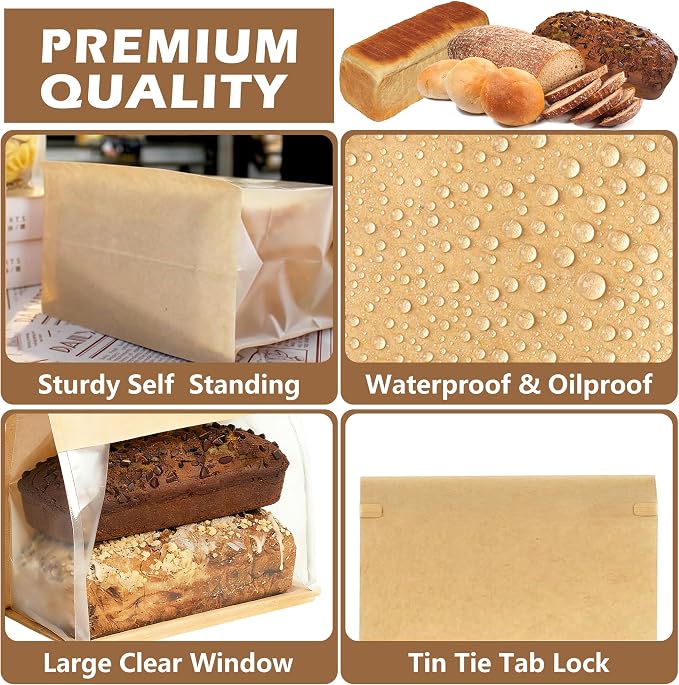 50 Pack Extra Large Paper Bread Bags for Homemade Bread Sourdough Bags, 12.2x10.6x6.1 Inches Resealable Tin Tie Tab Lock Bakery Loaf Bag with Window, Baked Goods Packaging for Gifting and Bake Sale - Image 3