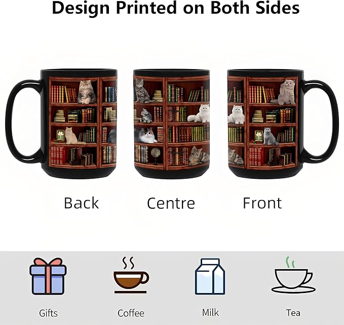 Cat Book Coffee Mug, Library Bookshelf Large Tea Cup, Black, 15oz | Ceramic, Comfortable Handle, Novelty Bookish Gifts for Book Lovers, Cat Lovers, Women, Men, Readers, Writers, Bookworms - Image 4
