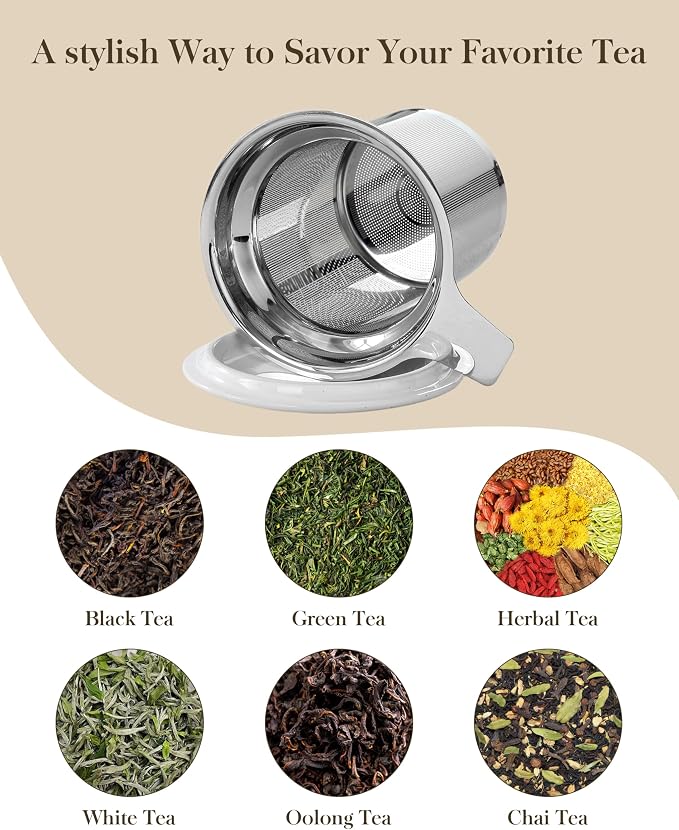MALACASA Ceramic Tea Mug with Lid and Stainless Steel Infuser, 18 oz Large Tea Cup for Loose Leaf Tea, Heat-Resistant, Microwave & Dishwasher Safe, Speckled Glaze Coffee & Tea Brewer Mug, Khaki Gray - Image 7