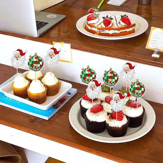 24PCS Christmas Cupcake Toppers- Santa Claus、Disco Ball、Picks Merry Christmas Theme Holiday Baby Shower Birthday Party Cake Decorations Supplies - Image 5