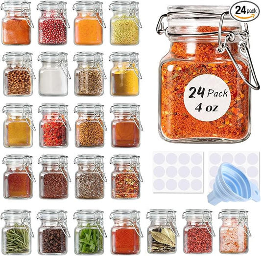 SPANLA Spice Jars, 24 Pack 4oz Small Glass Jars with Airtight Hinged Lid, With 24 Spice Labels & Silicone Funnels, Airtight Glass Jars for Spices, Condiments Herb Seasoning Art Craft Storage by SPANLA