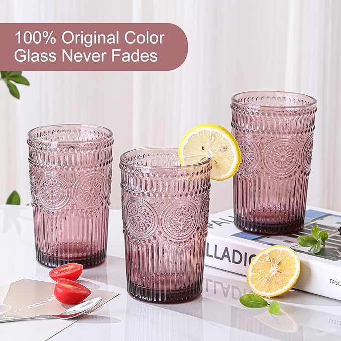 ZMOWIPDL Drinking Glasses Set of 6,13oz Flower Design Purple Glass Cups | Vintage Glassware,Textured Tumblers,Embossed Striped Drinkware for Water,Cocktails,Juice,Iced Coffee - Image 3