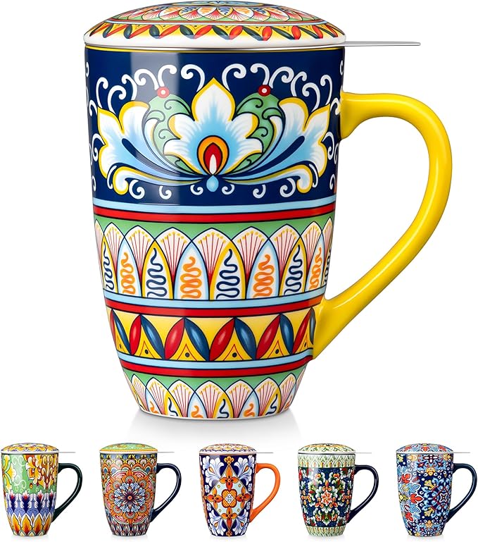 vancasso Ceramic Tea Mug with Infuser and Lid, 18 Ounce Bohemian Loose Leaf Cup, Microwave & Dishwasher Safe, Perfect for Tea, Coffee, Beige-Mustard Tribe by vancasso