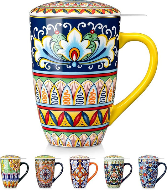 vancasso Ceramic Tea Mug with Infuser and Lid, 18 Ounce Bohemian Loose Leaf Cup, Microwave & Dishwasher Safe, Perfect for Tea, Coffee, Beige-Mustard Tribe by vancasso