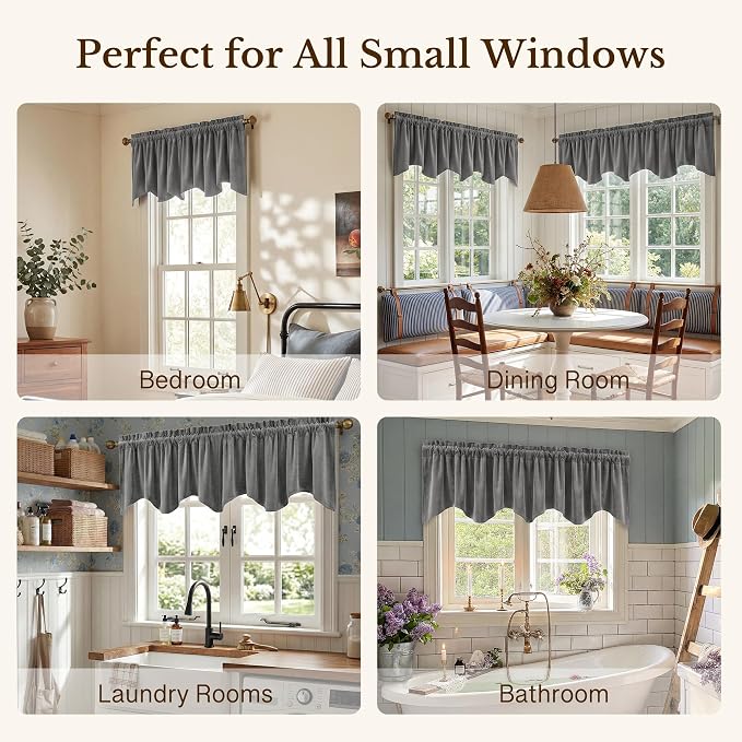 Grey Scalloped Valance for Windows 52x18 Inch 1 Panel | Luxury Velvet Kitchen Curtains for Small Window, Wavy Hem Window Treatment for Bathroom，Basement, Rod Pocket - Image 6