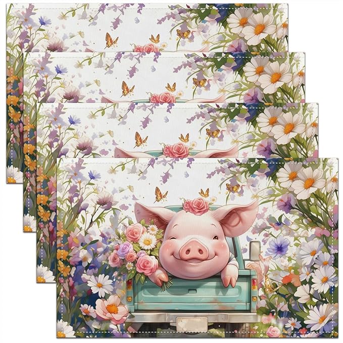 Feelyou Pink Pig Table Mats Placemat Cartoon Pigs Placemats Set of 4 Lovely Animal Placemats for Dining Table Indoor Outdoor Kitchen 12"x18" Farm Flower Decor Table Place Mats by Feelyou