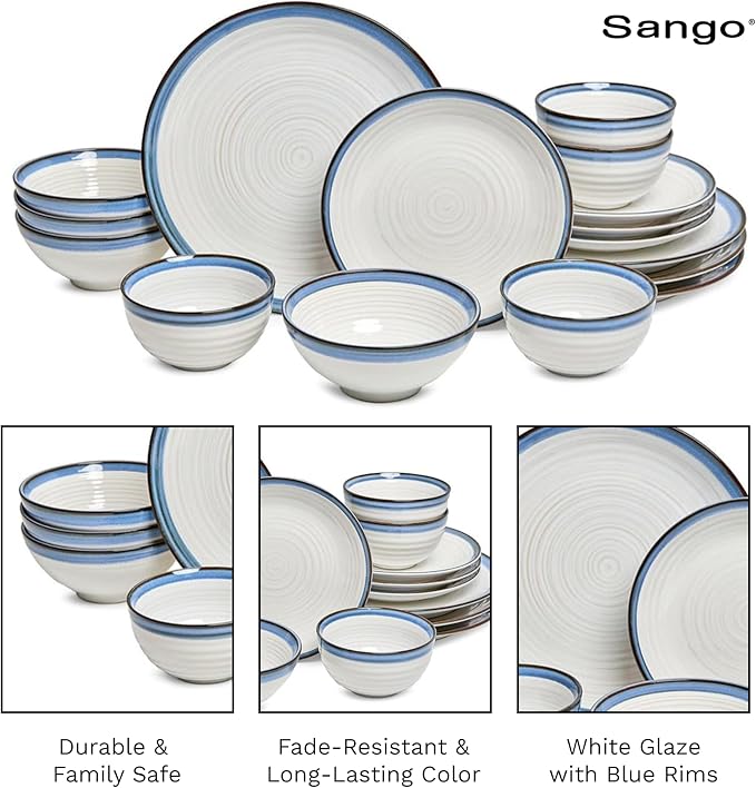 Sango Siterra Santorini 16-Piece Stoneware Dinnerware Set for 4, Ceramic White Plates and Bowls Sets with Blue Rim & Reactive Glaze, Chip Resistant Dish Set, Microwave & Dishwasher Safe Kitchen Dishes - Image 7