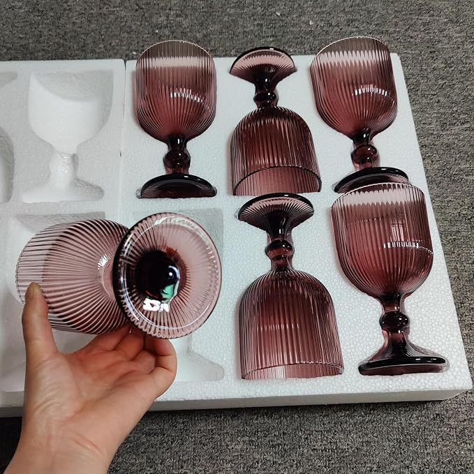 Taganov Purple Glasses Drinking Water Goblets set of 6 Colored Wine Glasses 13oz Pink Vintage Glassware for Wedding Party Bar Vertical Line Embossed Pattern Stemmed Cups 400ml - Image 4