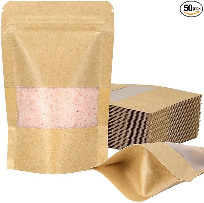 50 Pack Kraft Resealable Bags with Window for Storage (2.5 x 4.3 Inches) | Brown Zipper-Lock Heat Sealable Stand Up Pouch Bags with Matte Window and Tear Notch for Small Business Home Use by Blisstime