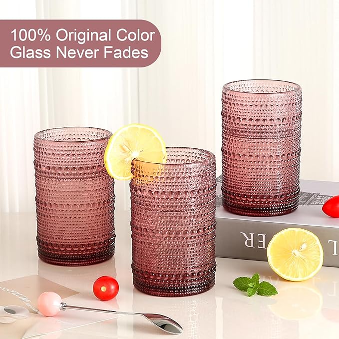 ZMOWIPDL Drinking Glasses Set of 6,15 oz Purple Hobnail Glass Cups | Vintage Glassware，Embossed Water Tumbler,for Beer,Cocktail,Whiskey,Juice and Various Mixed Drinks- 1 Cleaning Brush - Image 3