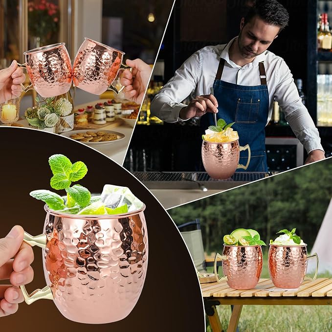 Amrules Moscow Mule Mugs Set of 4, 16 OZ Hammered Copper Cups with 304 Stainless Steel Lining and Gold Brass Handles, for Cold Drinks, Beer, Wine, Bars, Parties - Image 6