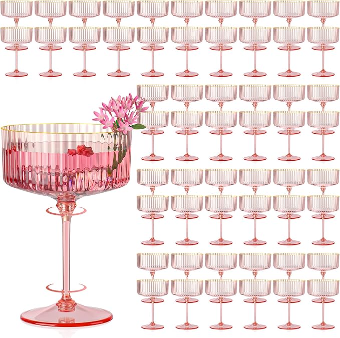 100 Pcs Pink Ribbed Martini Glasses Bulk 10oz Champagne Martini Glasses Plastic Gold Rim Espresso Martini Glass Margarita Glasses Vintage Coupe Glass Glassware Dessert Cup for Wedding Valentine's Day by Unknown