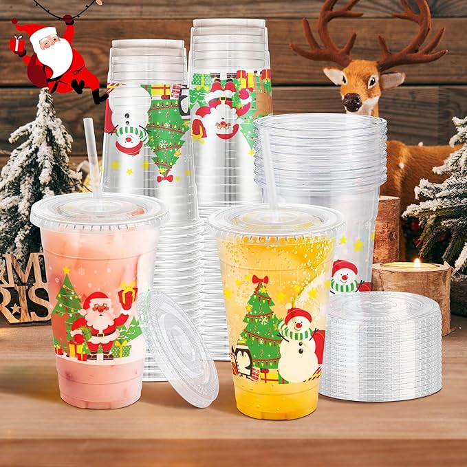 Christmas 20 OZ 50 Pack Plastic Cups with Lids and Straws, Sturdy Food Safe Iced Clear Coffee Cups Disposable Smoothie Cups for Cold Drinks