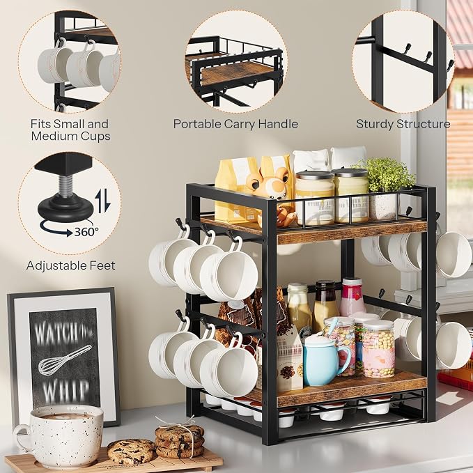 HOOBRO Coffee Mug Cup Holder, Tree Bar Station Organizer for Countertop, 12 Hooks Mug Stand Rack with Sliding Drawer for 30 K-Cup Pods, 2 Tier Mug Display Stand, Rustic Brown and Black BF11TL01 - Image 7