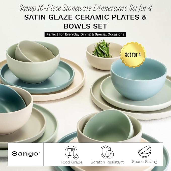 Sango 16-Piece Stoneware Dinnerware Set for 4, Satin Glazed Plates and Bowls Sets with Matte Finish, Ceramic Dish Set, Durable Kitchen Dishes, Microwave & Dishwasher Safe Dining, Rollo Artist's Blend - Image 2