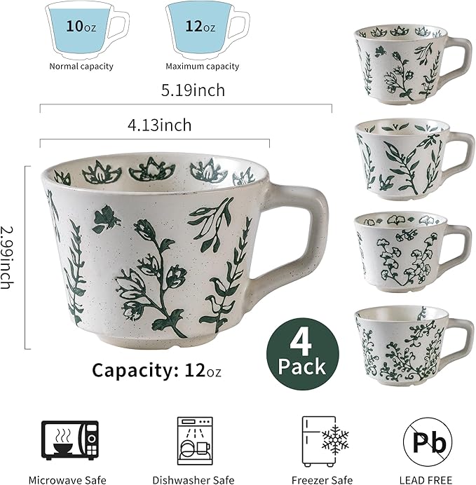 Ceramic Mugs 11 oz Set of 4, Unique Luxurious Stoneware Cups for Coffee Milk Latte Cappuccino Tea, Office Home Kitchen Use, Dishwasher Microwave Freezer Safe, Mixed Green - Image 5