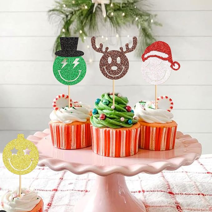 24 Pack Christmas Cupcake Toppers -Antler、Disco Ball、Santa's Hat、Picks Merry Christmas Theme Holiday Baby Shower Birthday Party Cake Decorations Supplies - Image 3