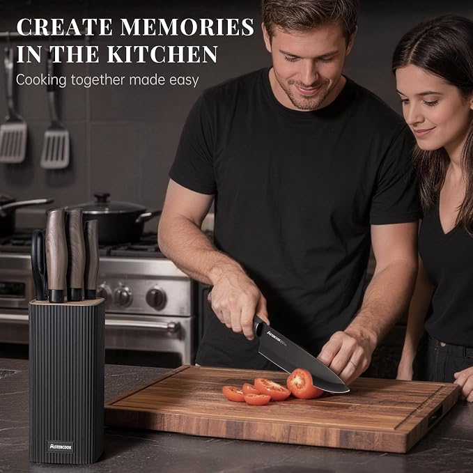 Astercook Knife Set, 6-Piece Kitchen Knife Set with Block, High Carbon Stainless Steel Ultra Sharp Kitchen Knives, Wood Grain Handle, Dishwasher Safe Knife Block Set, Black, Kitchen Utility Knives - Image 8