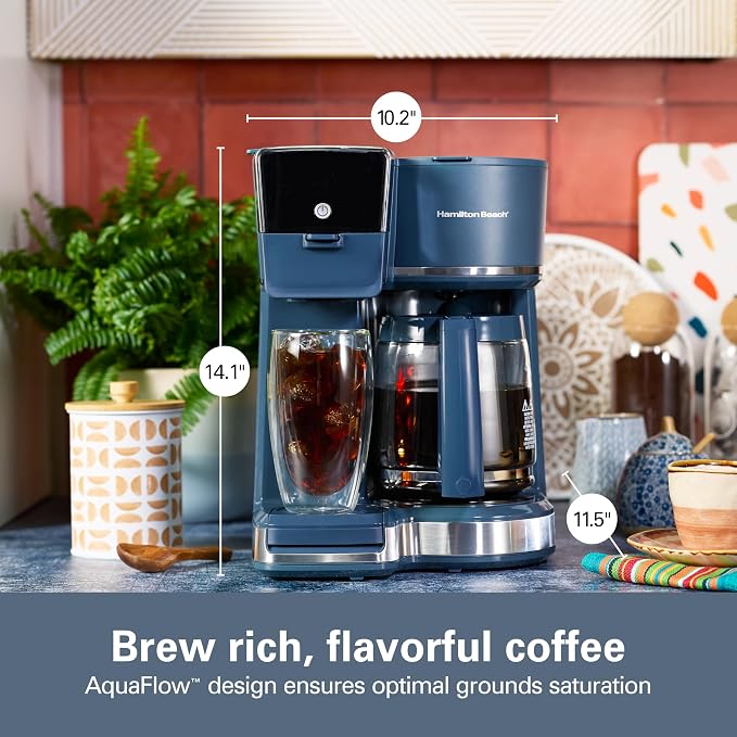 Hamilton Beach 2-Way Drip Coffee Maker & Single Serve Coffee Machine | Hot & Iced Coffee Maker| 12 Cup Glass Carafe| AquaFlow Showerhead | Auto Pause & Pour | Kitchen Makeover Blue |47502J - Image 3
