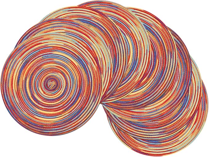 SHACOS Round Braided Placemats Set of 8 Washable 15 inch Round Table Mats Colorful Variegated Woven Place Mats for Dining Table (Rainbow Red, 8) by SHACOS