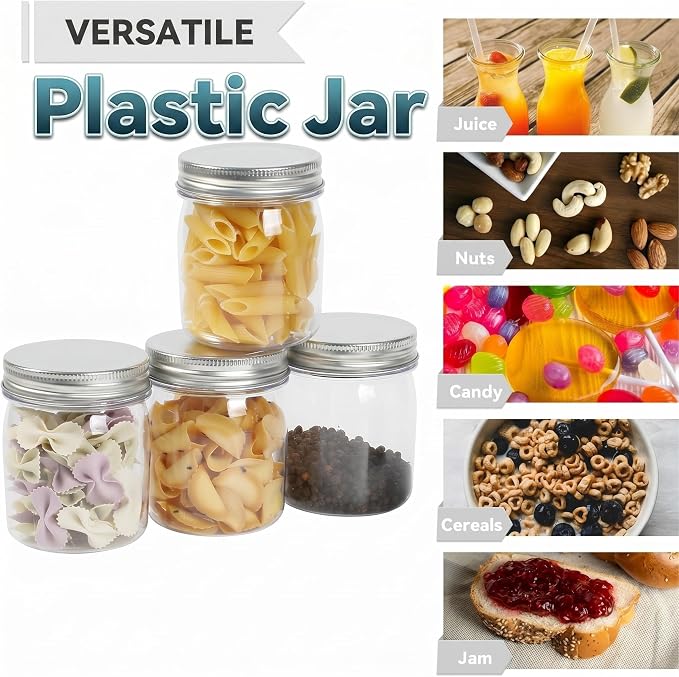 novelinks 8 oz Plastic Mason Jars and Clear Plastic Jars with Lids 8 oz | 16 Pack, Silver, Plastic Containers with Lids, Small Mason Jars, Clear Jars Bulk, Spice Jars, Slime Jars, Mini Jars - Image 4