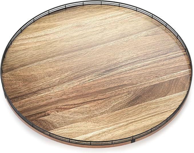 24 Inch Lazy Susan Turntable, Heavy Duty Acacia Wood Round Tray for Kitchen | Easy 360 Degree Spin; Raised Iron Rim; 3 Anti Slip Pads; No Assembly; Farmhouse Decor; Pantry, Cabinet, Gift Box - Image 2