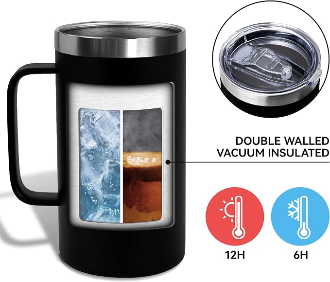 DOMICARE 24oz Mug with Handle and Lid, Stainless Steel Coffee Mug, Travel Mug with Handle, Double Wall Vacuum Coffee Tumbler, Reusable Insulated Cup, Black, Pack 8 - Image 3