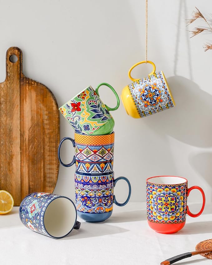 HENXFEN LEAD Boho Ceramic Coffee Mugs Set of 6, 14 oz | Assorted Patterns, Ideal for Coffee, Tea, Latte & Hot Cocoa, Microwave & Dishwasher Safe, Lead-Free Glaze - Image 3