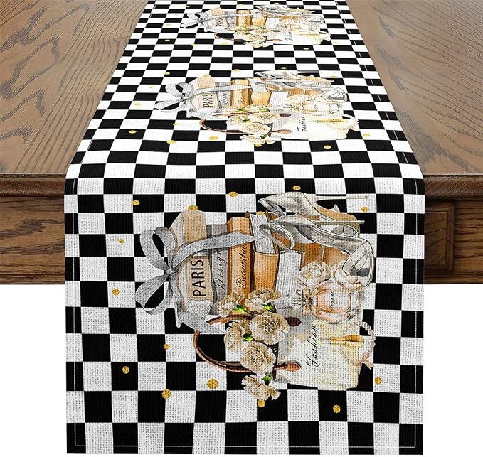 Feelyou Book Table Runner,13" x 48" Black and White Gold Dresser Scarfs High-Heeled Shoes Dresser Runners Checkered Printed Table Decor for Kitchen Perfume - Image 2