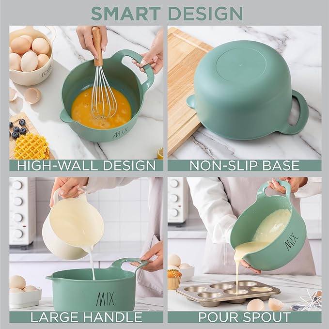 Rae Dunn Non-Slip Mixing Bowls - 4 Piece Nesting Plastic Mixing Bowl Set with Pour Spouts and Handles-Measurement Markings (Sage) - Image 5