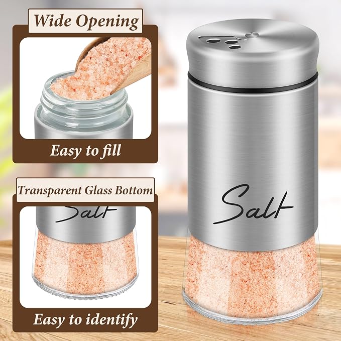 Stainless Steel Salt and Pepper Shakers Set, 5 oz | Salt Shaker with Adjustable Pour Holes, Modern Pepper Shaker for Kitchen Metal Gadgets with Glass Bottom (Silver) - Image 4