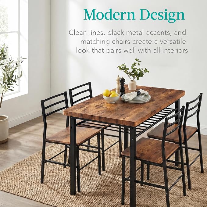 Best Choice Products 5-Piece Modern Dining Set W/Steel Frame, Space Saving Rectangular Kitchen Table W/ 4 Matching Chairs & Storage Rack for Apartments, Kitchens & Dining Rooms - Medium Brown/Black - Image 6