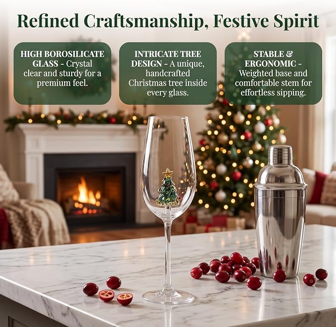 Zerodeko Christmas Wine Glasses: Decorative Glass Wine Goblet for Bar Pub | Xmas Tree Drinkware Cocktail Glassware for Christmas Parties Hosting - Image 8